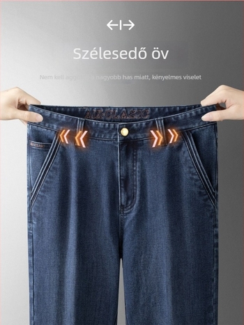 Férfi farmernadrágok 2025: magas derék, egyenes szabás, vastag denim, elasztikus, zipzárral záródó