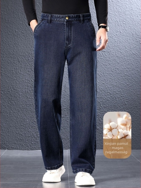 Férfi farmernadrágok 2025: magas derék, egyenes szabás, vastag denim, elasztikus, zipzárral záródó