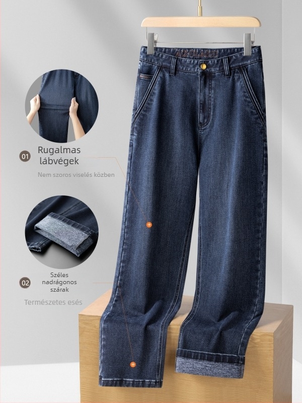 Férfi farmernadrágok 2025: magas derék, egyenes szabás, vastag denim, elasztikus, zipzárral záródó