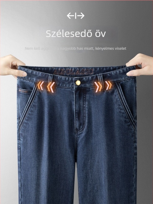 Férfi farmernadrágok 2025: magas derék, egyenes szabás, vastag denim, elasztikus, zipzárral záródó
