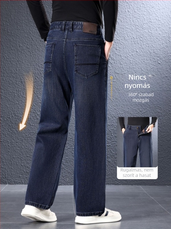 Férfi farmernadrágok 2025: magas derék, egyenes szabás, vastag denim, elasztikus, zipzárral záródó