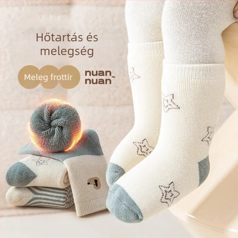 Újszülött baba zokni, téli, vastag terry, meleg, uniszex, 0–12 hónapos, középmagas hosszú zokni