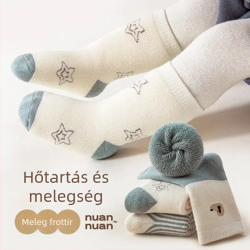 Újszülött baba zokni, téli, vastag terry, meleg, uniszex, 0–12 hónapos, középmagas hosszú zokni