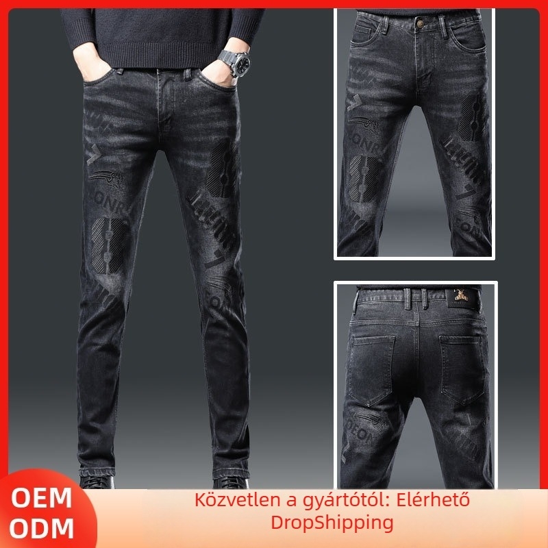 Férfiaknak hímzett farmernadrág, koreai stílus, slim-fit, pamut 90%, középmagas derekú, gombos zárás, ősz