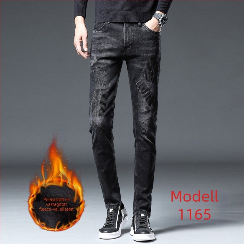 Férfiaknak hímzett farmernadrág, koreai stílus, slim-fit, pamut 90%, középmagas derekú, gombos zárás, ősz