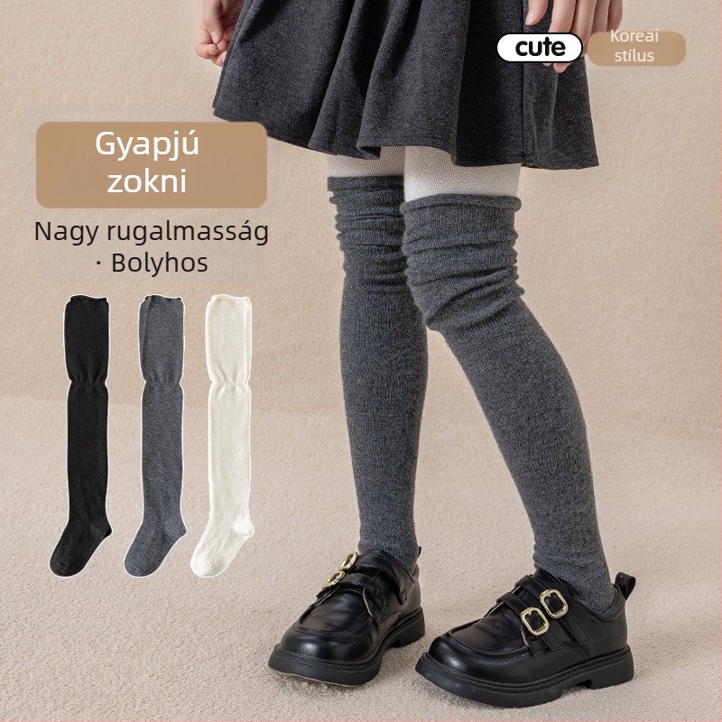 Téli gyapjúból készült lányoknak szóló, térd fölé érő hosszú zoknik, egyszínű, meleg