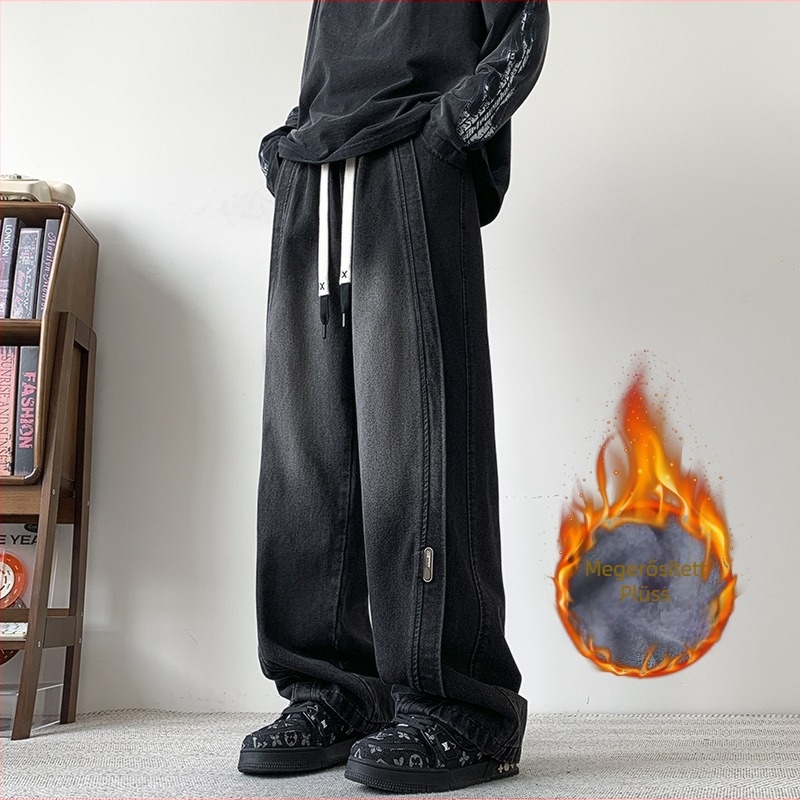 Férfi egyenes szárú farmer, fleece-beléssel, vastag téli denimmel, laza amerikai stílusú casual nadrág