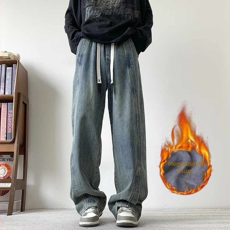 Férfi egyenes szárú farmer, fleece-beléssel, vastag téli denimmel, laza amerikai stílusú casual nadrág