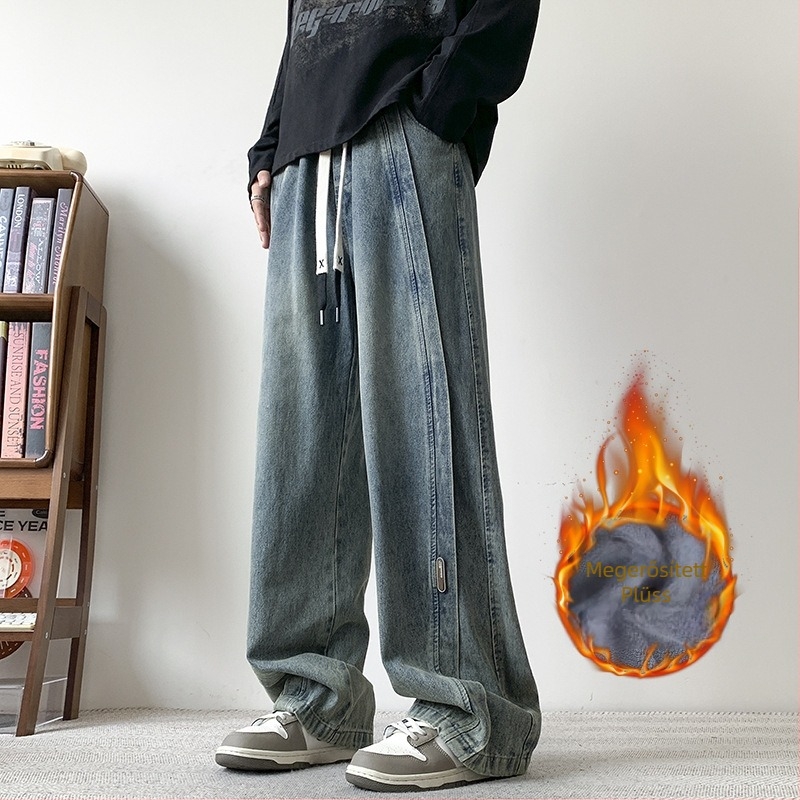Férfi egyenes szárú farmer, fleece-beléssel, vastag téli denimmel, laza amerikai stílusú casual nadrág