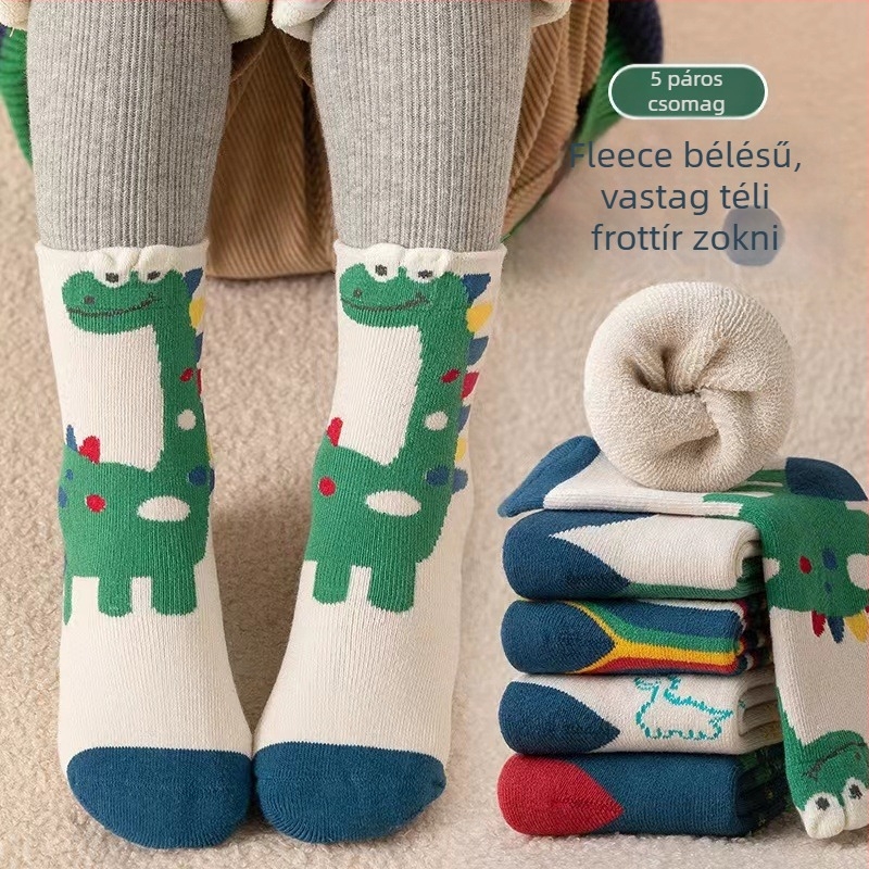 5 pár gyerek zokni ősz-télre dinoszaurusz mintával, fleece béléssel, vastag középmagasságú zoknik