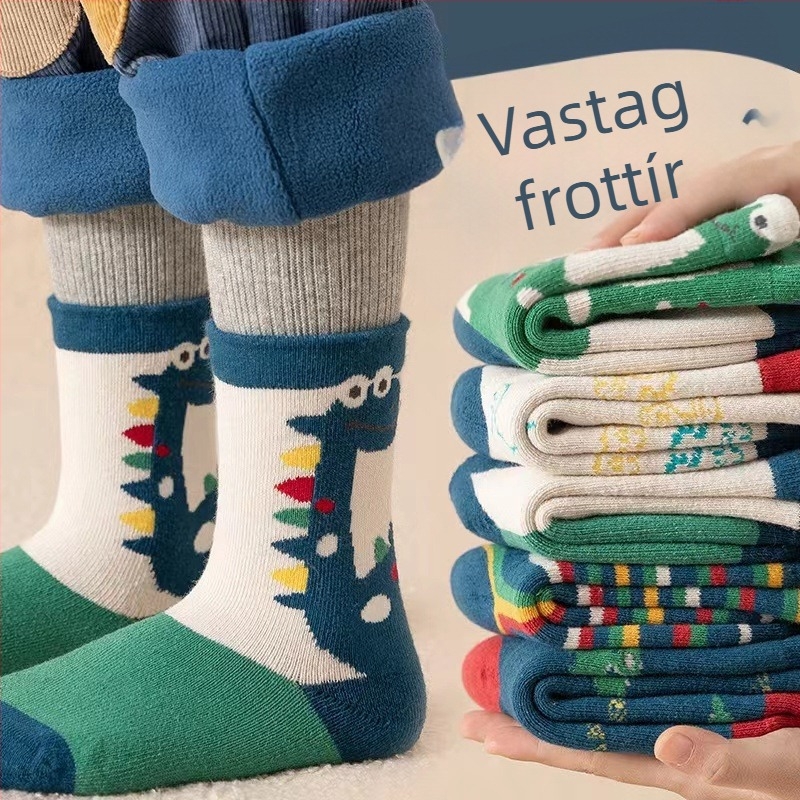5 pár gyerek zokni ősz-télre dinoszaurusz mintával, fleece béléssel, vastag középmagasságú zoknik