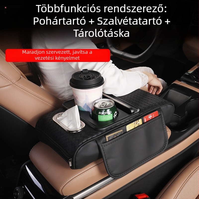 Autó karfájának tároló doboza, középső magasságot növelő párna, univerzális négy az egyben pohártartó és zsebkendő tartó
