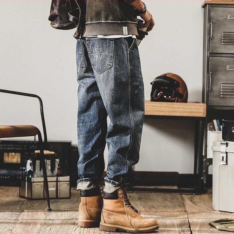 Férfiaknak készült nehéz retro munkás farmer - egyenes szabás, laza illeszkedés, széles szár, fleece béléssel