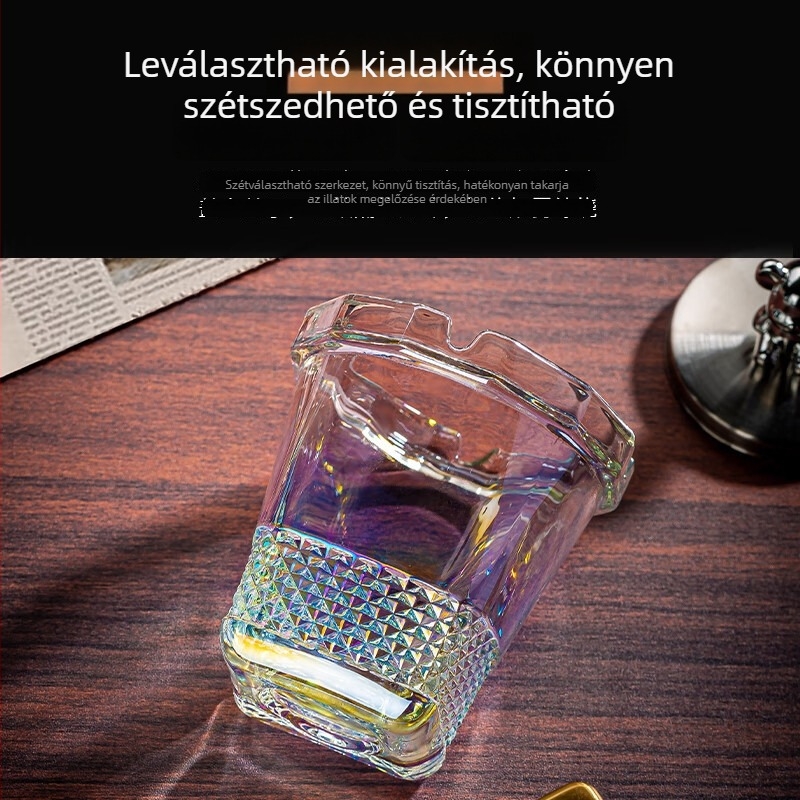 Üvegből készült hamutál fedővel otthonra, autóba és irodába