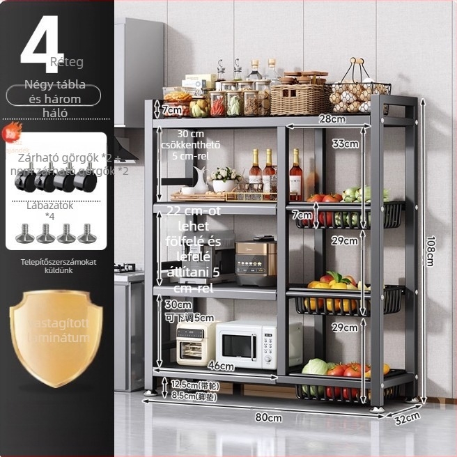 Padlón álló konyhai tároló állvány, többrétegű, mozgatható, sütő és mikrosütő számára, szénacél, DF-3488T, minimalist stílus