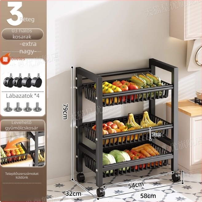 Padlón álló konyhai tároló állvány, többrétegű, mozgatható, sütő és mikrosütő számára, szénacél, DF-3488T, minimalist stílus