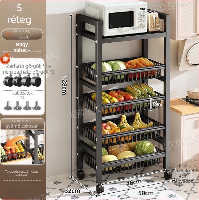 Padlón álló konyhai tároló állvány, többrétegű, mozgatható, sütő és mikrosütő számára, szénacél, DF-3488T, minimalist stílus