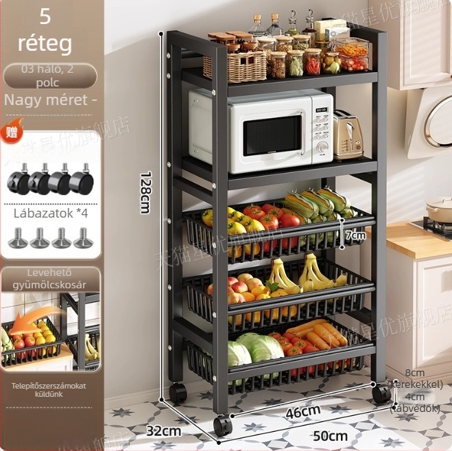 Padlón álló konyhai tároló állvány, többrétegű, mozgatható, sütő és mikrosütő számára, szénacél, DF-3488T, minimalist stílus