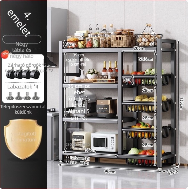 Padlón álló konyhai tároló állvány, többrétegű, mozgatható, sütő és mikrosütő számára, szénacél, DF-3488T, minimalist stílus