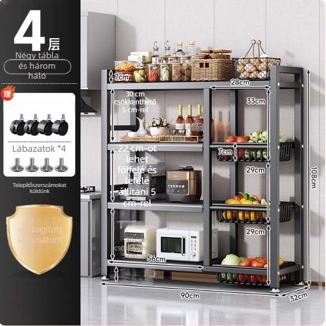 Padlón álló konyhai tároló állvány, többrétegű, mozgatható, sütő és mikrosütő számára, szénacél, DF-3488T, minimalist stílus