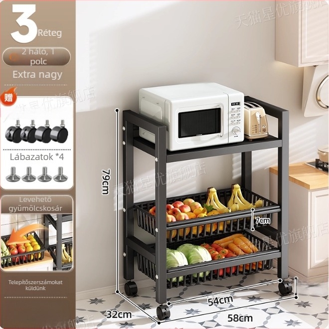 Padlón álló konyhai tároló állvány, többrétegű, mozgatható, sütő és mikrosütő számára, szénacél, DF-3488T, minimalist stílus