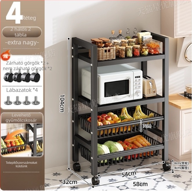 Padlón álló konyhai tároló állvány, többrétegű, mozgatható, sütő és mikrosütő számára, szénacél, DF-3488T, minimalist stílus