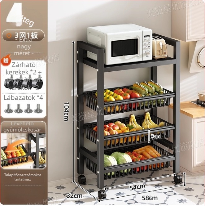 Padlón álló konyhai tároló állvány, többrétegű, mozgatható, sütő és mikrosütő számára, szénacél, DF-3488T, minimalist stílus