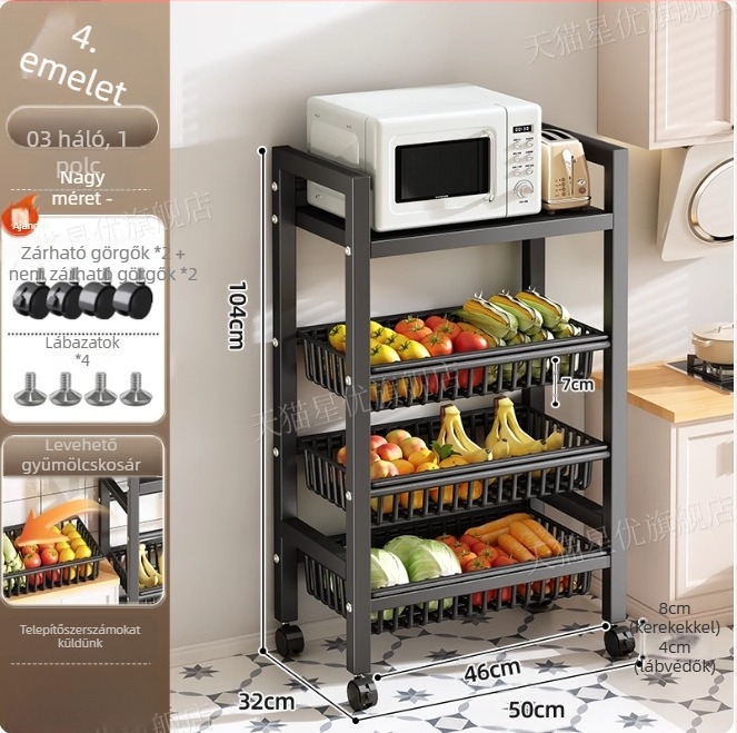 Padlón álló konyhai tároló állvány, többrétegű, mozgatható, sütő és mikrosütő számára, szénacél, DF-3488T, minimalist stílus