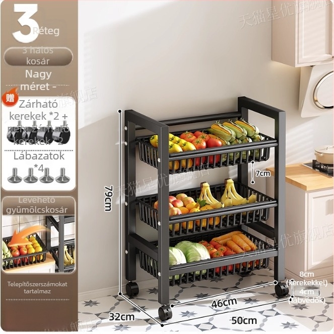 Padlón álló konyhai tároló állvány, többrétegű, mozgatható, sütő és mikrosütő számára, szénacél, DF-3488T, minimalist stílus