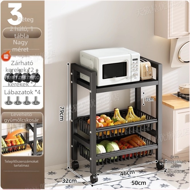 Padlón álló konyhai tároló állvány, többrétegű, mozgatható, sütő és mikrosütő számára, szénacél, DF-3488T, minimalist stílus