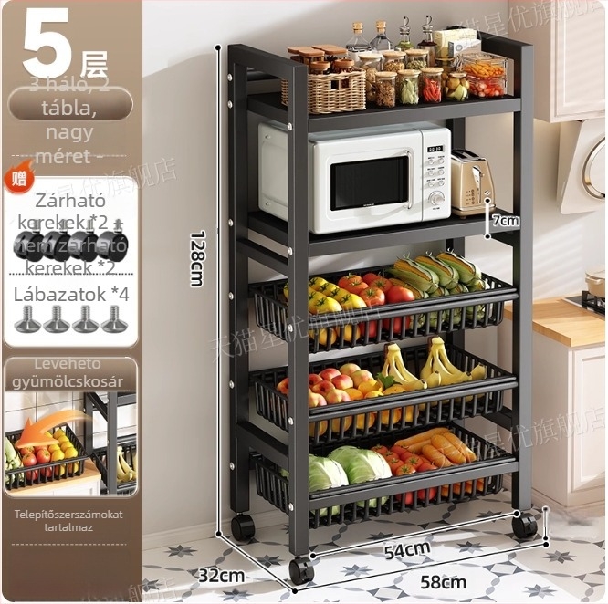 Padlón álló konyhai tároló állvány, többrétegű, mozgatható, sütő és mikrosütő számára, szénacél, DF-3488T, minimalist stílus