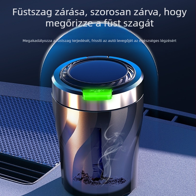 Autó hamutartó – univerzális, személyre szabható, multifunkcionális, világító fedél push-gombos; műanyag, injekciós formázás, Yirui márka, általános modell, járműre szerelhető, tömeg 0.2
