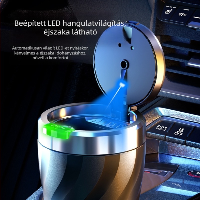 Autó hamutartó – univerzális, személyre szabható, multifunkcionális, világító fedél push-gombos; műanyag, injekciós formázás, Yirui márka, általános modell, járműre szerelhető, tömeg 0.2