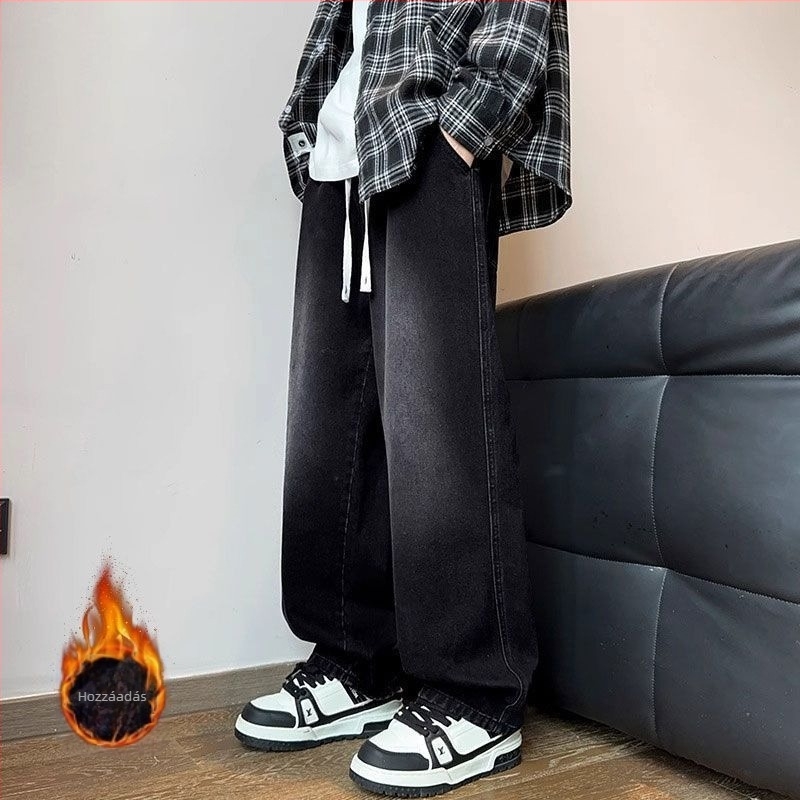 Férfi farmernadrág elasztikus derekú, retro stílus, téli–ősz szezon, plusz méret, laza, széles lábú, egyenes szabás, fleece-béléssel