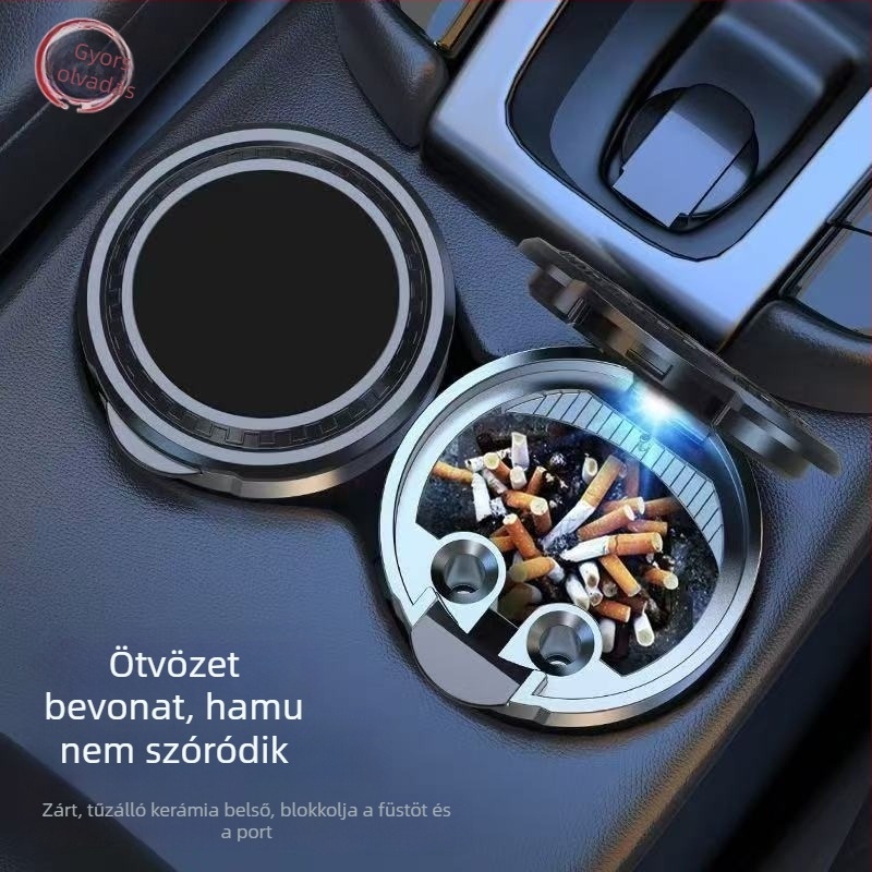 Autóba való hamutartó fedővel és világítással, fém, belső rozsdamentes acél belsés, belső használatra, Modell 1, Súly 0.15