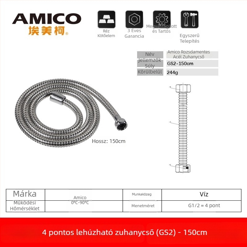 GS2/GS1 zuhanycső, réz, 0,6 MPa, 0–90°C, menet