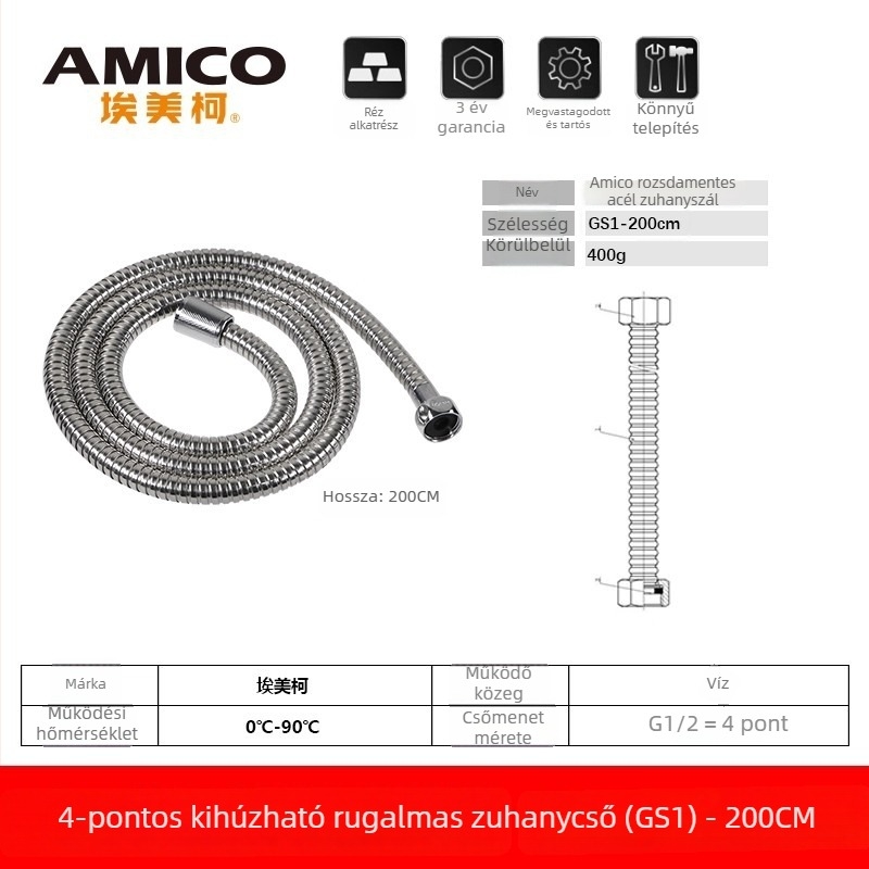 GS2/GS1 zuhanycső, réz, 0,6 MPa, 0–90°C, menet