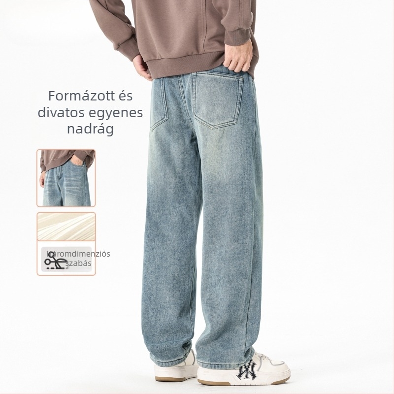 Férfi farmernadrág egyenes szabású, középmagas derekú, cipzáras záródás, pamut anyag, nagyon rugalmas