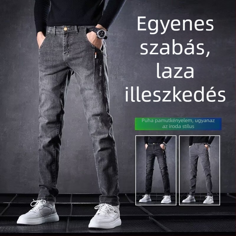 Férfi egyenes szabású farmernadrág, középmagas derékkal, magas rugalmasságú pamut, kézzelrajzolt részletekkel