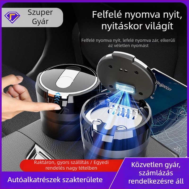 Autó hamutartó LED éjszakai fénnyel és lángálló kerámia belső résszel, modell Y17, ABS+kerámia felépítés, alkalmas autóba, irodába és nappaliba