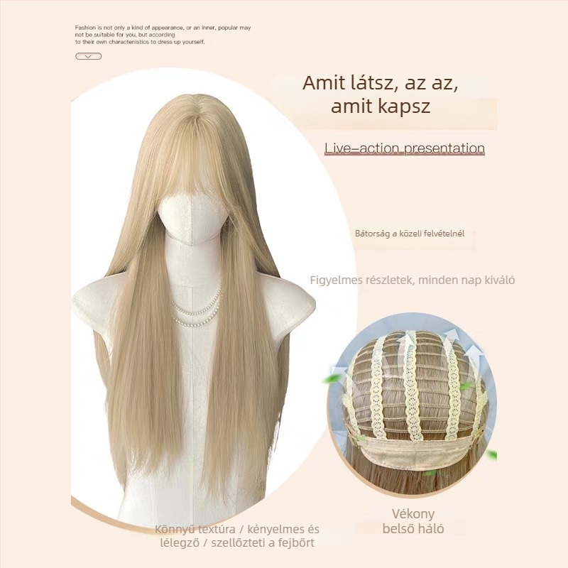 Női paróka, hosszú egyenes haj, nyolcas formájú frufru, hőálló rost, mechanikus feldolgozás, stílus Ruili