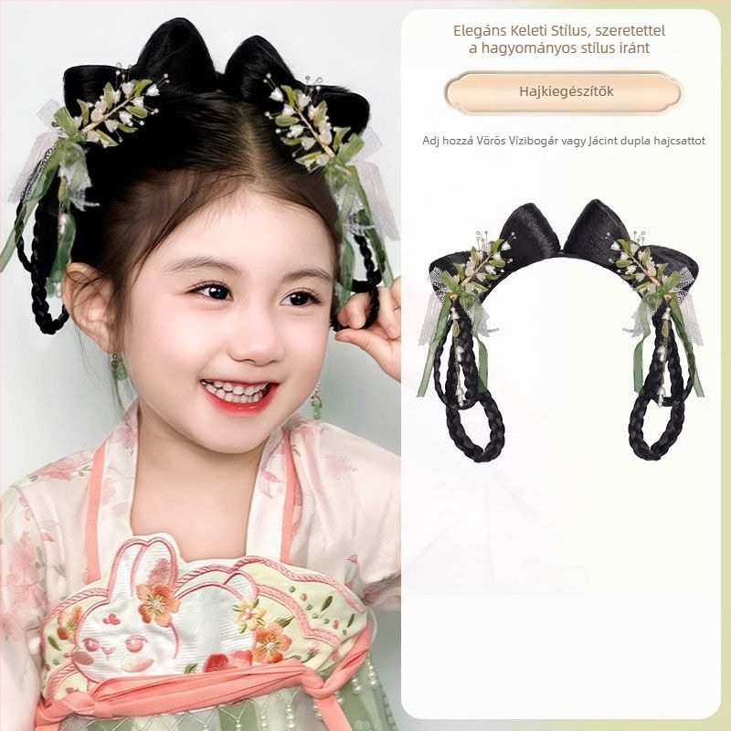 Han dinasztia stílusú rövid paróka gyerekeknek, hőálló huzallal – integrált konty fejfedő VM339