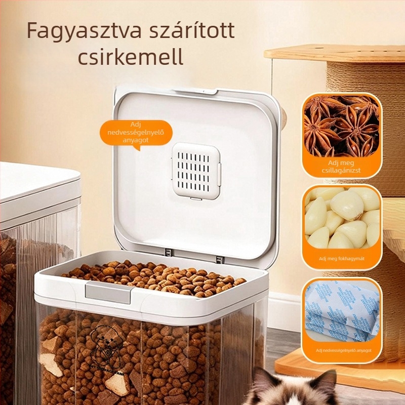Macska- és kutyaeledel tárolóedény, zárható, PP anyagú, modell JRX-8002, márka A&KING, nagy kapacitású
