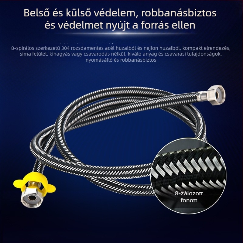 304 rozsdamentes acél vízbevezető tömlő, hálóba fonott, csavaros szerelés, kettős fej, névleges nyomás 1, üzemi hőmérséklet 4