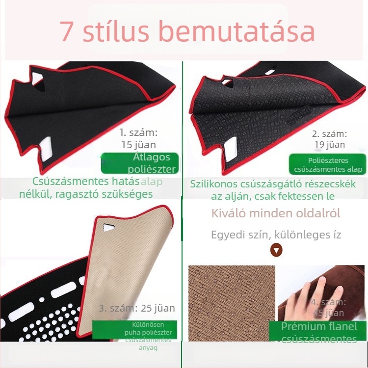 Cadillac CT5 műszerfalvédő párna — járműspecifikus, egész éves használatra; anyagok: poliészter, flanel, velúr, bőr, francia bársony
