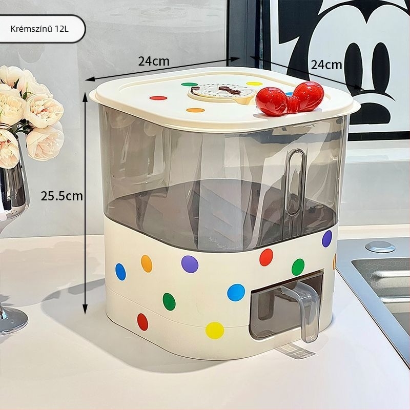 Gombnyomásos adagolóval ellátott rovarbiztos rizstároló, porálló műanyagból