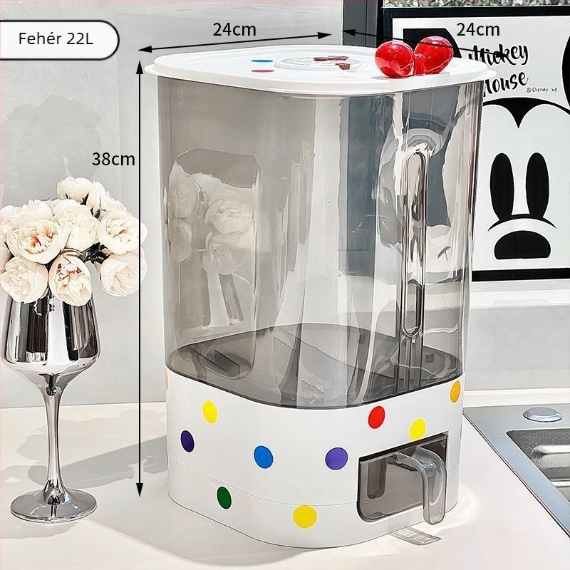 Gombnyomásos adagolóval ellátott rovarbiztos rizstároló, porálló műanyagból