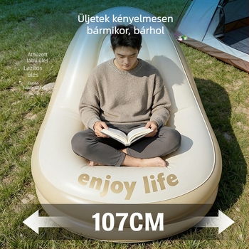 Kempingezésre tervezett, külső elektromos felfújó pumpával ellátott PVC felületű felfújható ágy, súly 1,55 kg, teherbírás 200 kg