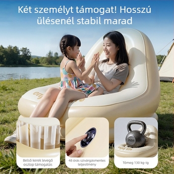 Kempingezésre tervezett, külső elektromos felfújó pumpával ellátott PVC felületű felfújható ágy, súly 1,55 kg, teherbírás 200 kg