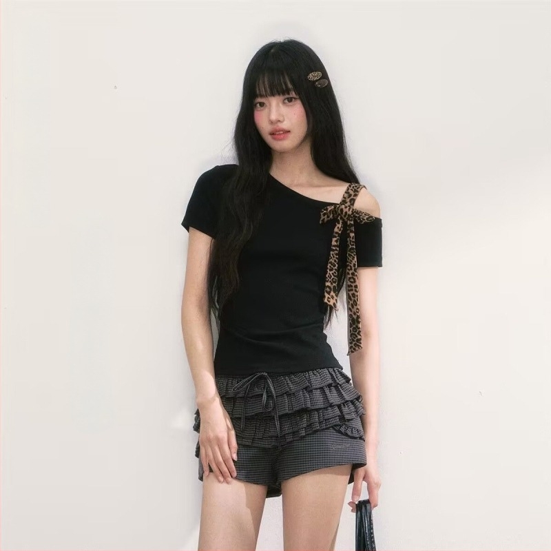 Női váll nélküli póló, Slim fit, rövid ujjú, japán-koreai casual stílus